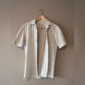 Zara Men's Casual Cream and Black Linen Striped Shirt